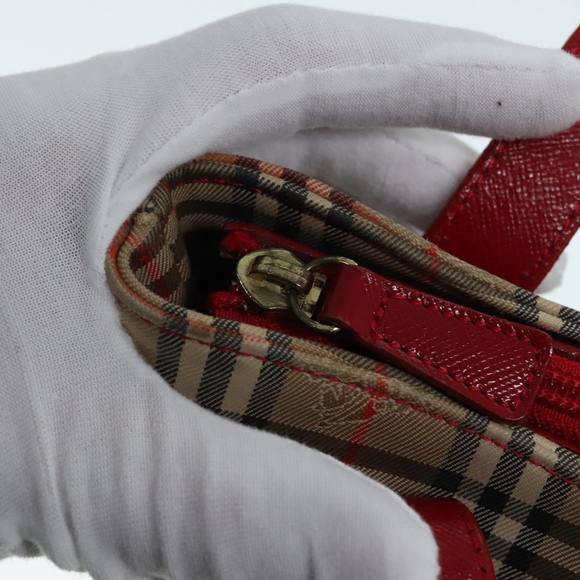 BURBERRY Nova Check Hand Bag Canvas Leather Beige Gold Red Auth 90271 - Picture 14 of 16